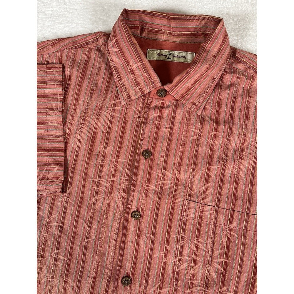 Tommy Bahama‎ Silk Blend Red Striped Hawaiian Shirt Men's M Tropical Leaf Print